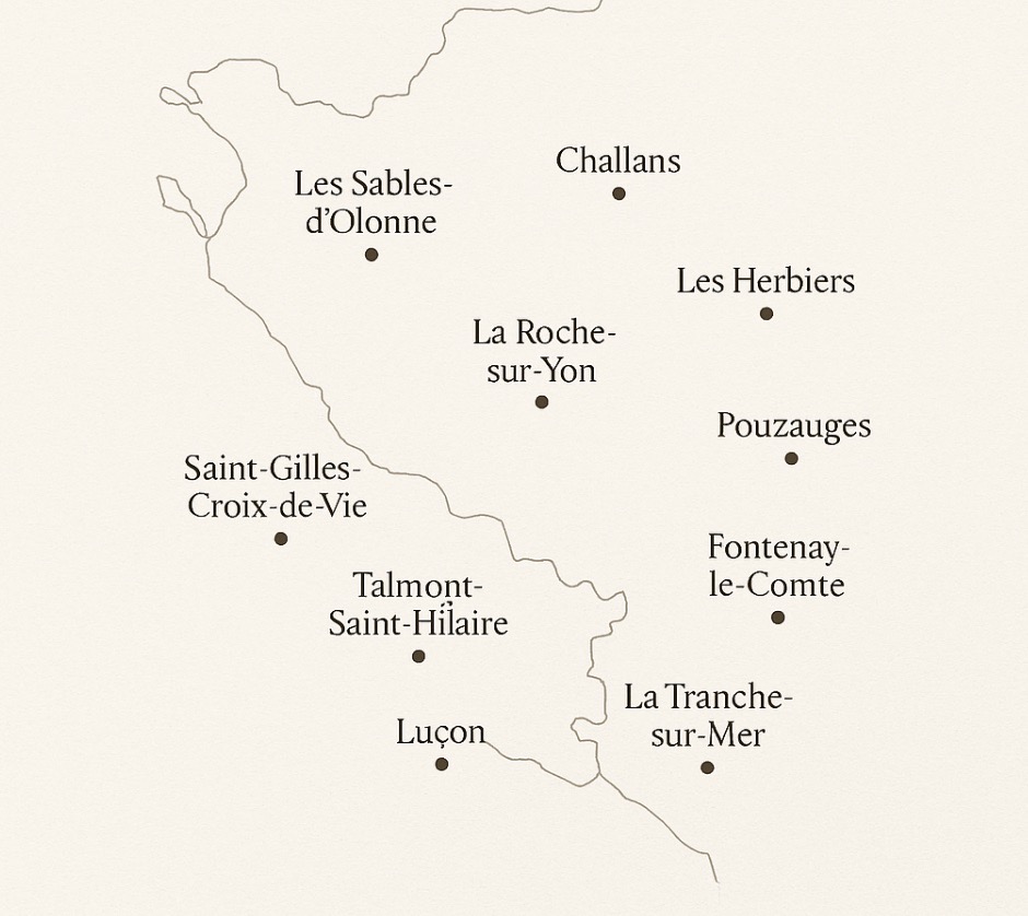 Cartes des villes desservies en Vendée par Juliette, décoratrice d'intérieur à La Roche Sur Yon