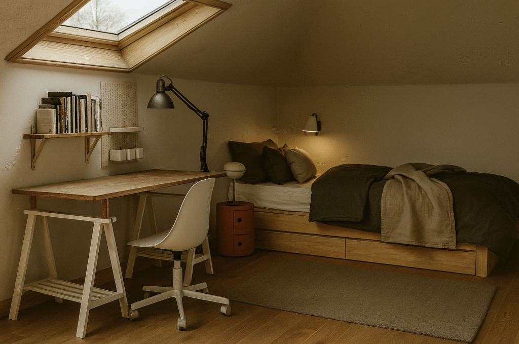 Inspiration déco : chambre sous combles avec bureau bois et lit intégré. Ambiance chaleureuse et fonctionnelle pour un espace étudiant optimisé.