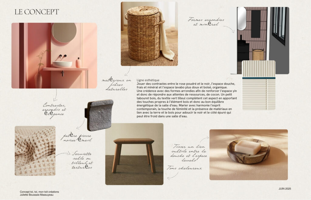 Une planche avec des visuels, des préconisations concrètes pour l'ambiance, l'agencement de votre intérieur