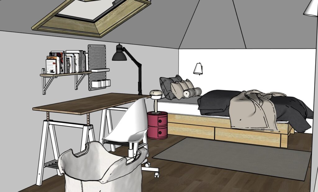 Modélisation 3D d'une chambre sous combles avec bureau et lit pour projet de location
