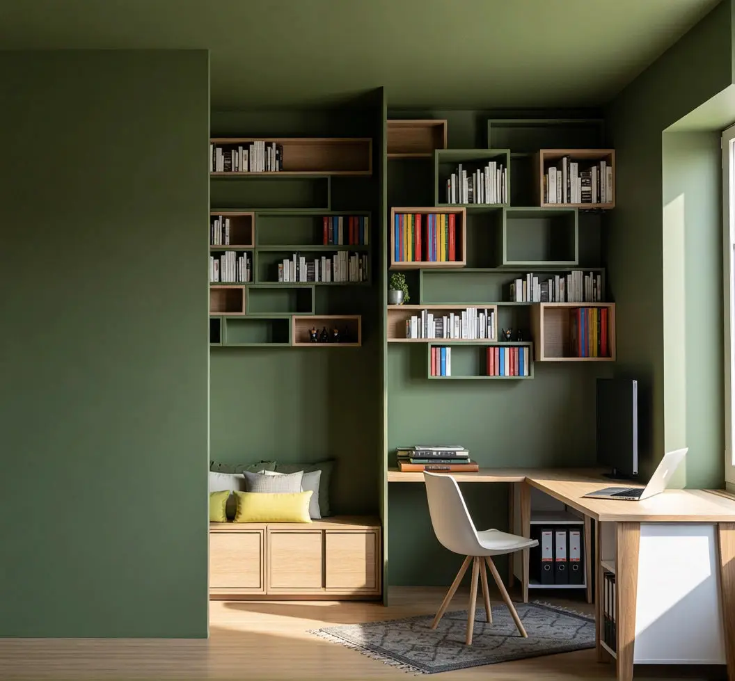 bureau vert murs et plafond avec structure bois et vert intégrer créant un espace cocooning et fonctionnel