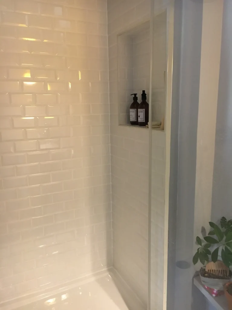 Détail salle de douche carrelage métro et niche